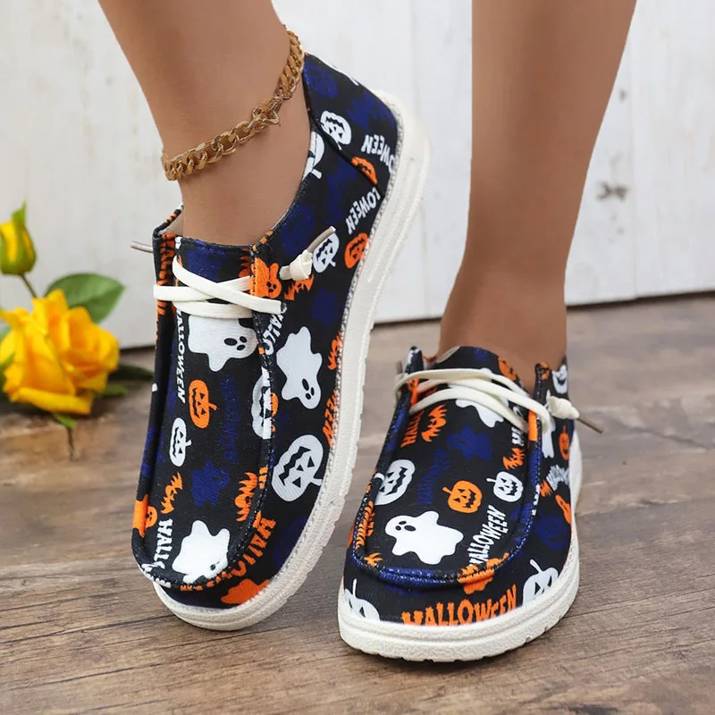 

Женские кроссовки большого размера, модная обувь для Хэллоуина, женские туфли без шнуровки, лоферы на плоской подошве, дышащая парусиновая повседневная обувь