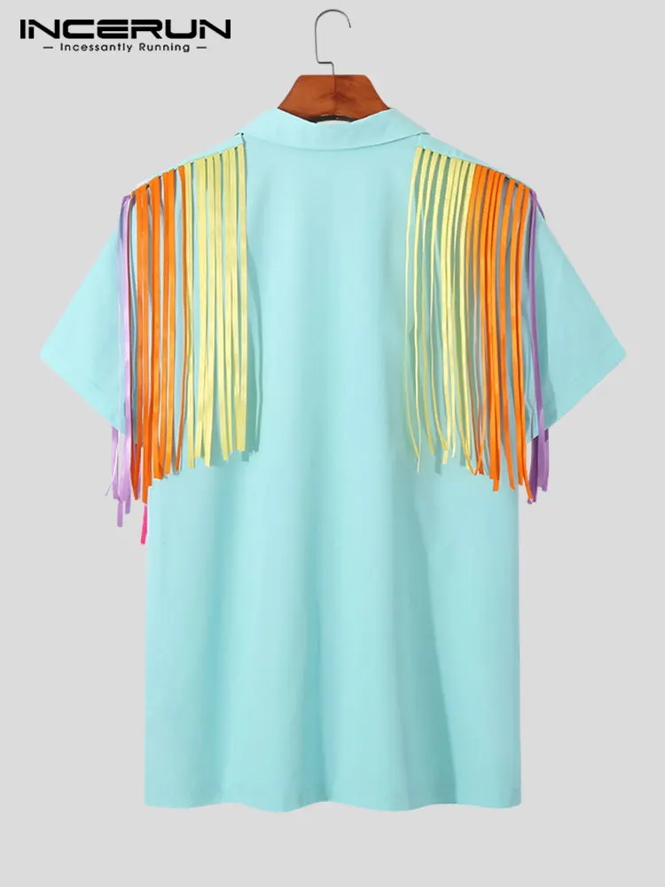 INCERUN Tops 2022 American Style New Men Fashion Shoulder Colorful Tassel Blosue Stylish Short-sleeved Lapel Button Shirts S-5XL