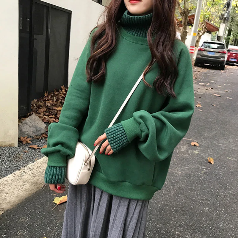 

Korean Fashion Winter Oversized Women's Pullover High Neck Plus Velvet Solid Color Fake Two-piece Sweatshirt Top Female