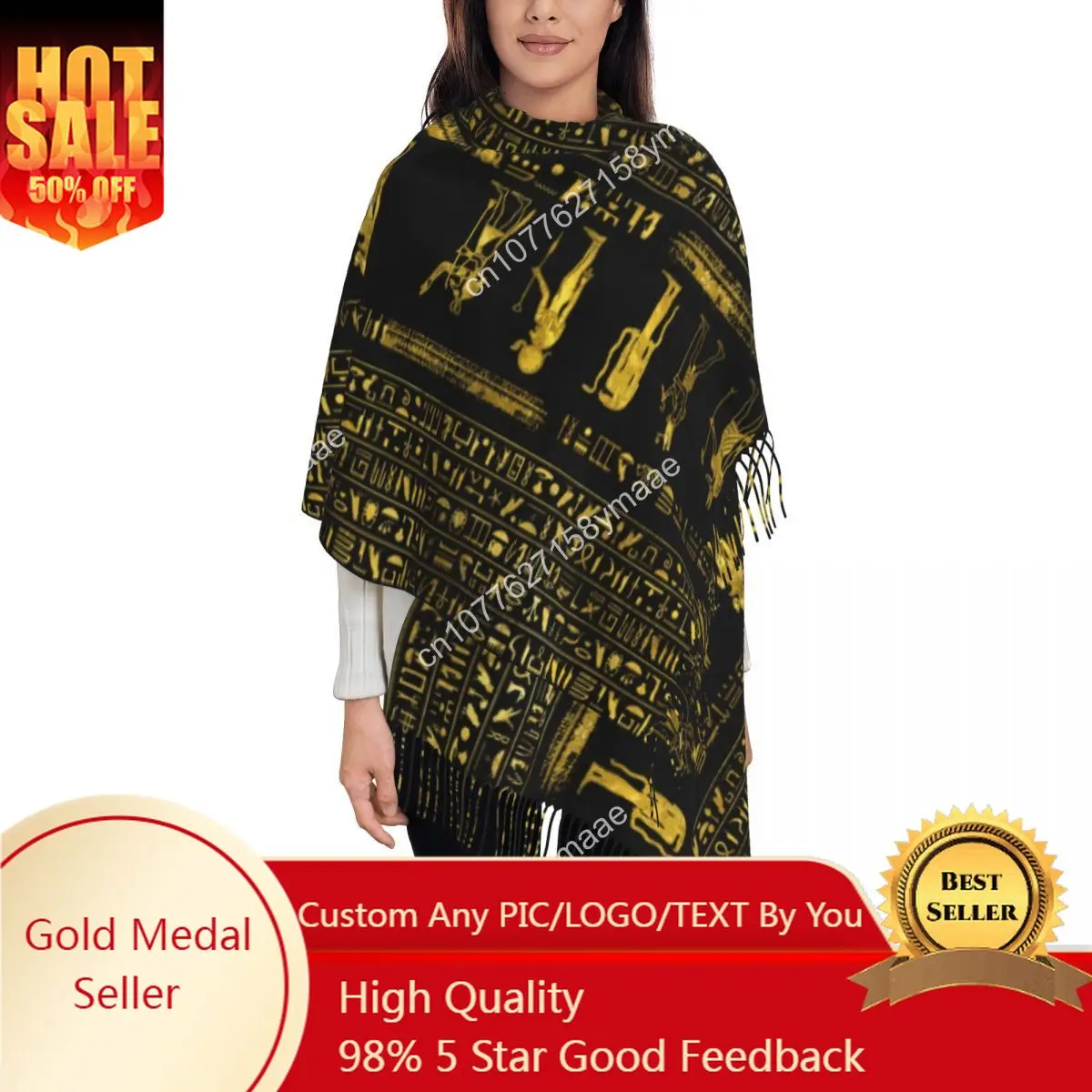 

Golden Egyptian God Scarf for Womens Winter Fall Shawl Wrap Ancient Egypt Hieroglyphs Long Scarves with Tassel for Evening Dress