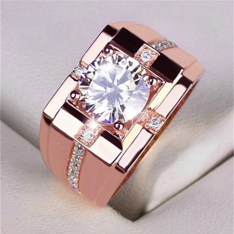 

2022 Trendy Business Wide-Faced White Zirconium Ring For Men Copper European Style Engagement Wedding Party Rings Jewelry