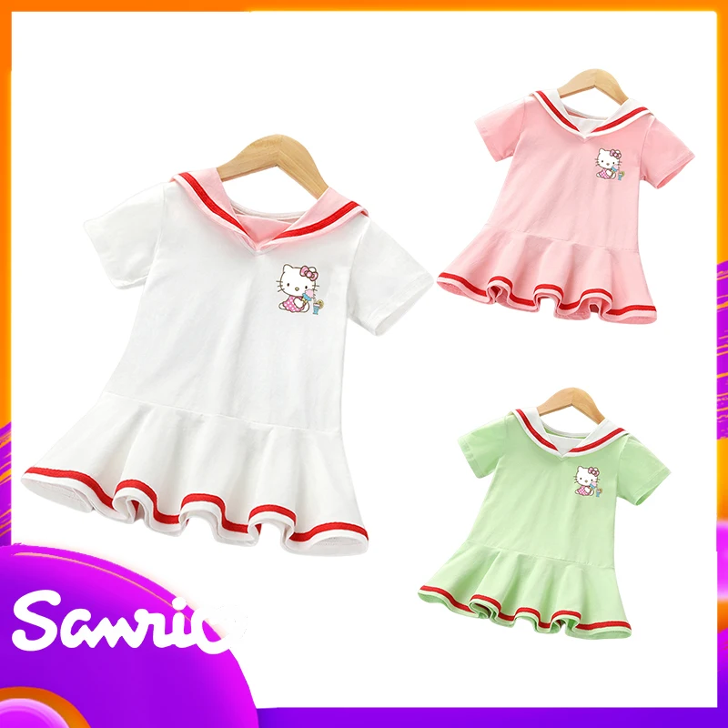 

Sanrio Girls' Dress Anime Kawaii Cute Hellokitty Casual Fashion Short Sleeve Skirt Daily Clothing Matching Summer Kid Princess