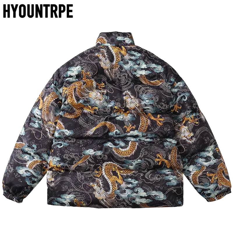 Fashion Dragon Cloud Printed Jackets Mens Hip Hop Parka Bomber Coats Harajuku Cotton Padded Winter Warm Zipper Coat Outerwear