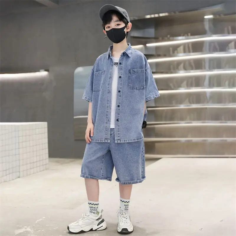 2023 Teens Spring summer Children Clothes Boys Suit Denim Tops + Jeans Short Pants 2Pcs/Set Casual Outfits Kids outfit 4-14years