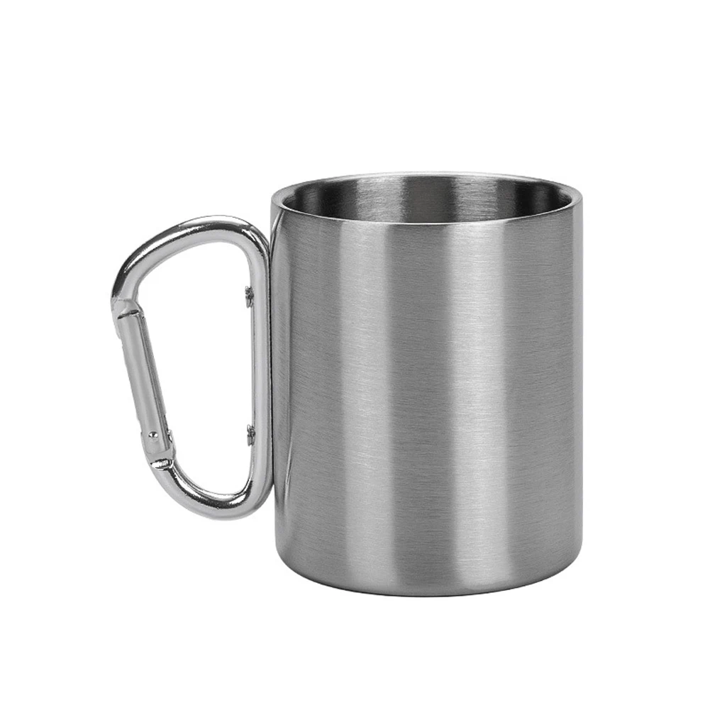 

300ml Outdoor Camping Coffee Cup Carabiner Cup Ultralight Stainless Steel Double Layer Mug Tableware For Hiking Fishing Picnic