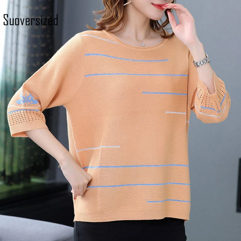 

Suoversized Summer Three Quarter Sleeve Striped Knitted T-Shirt Women Casual O-Neck Loose Pullovers Plus Size 4XL Knitwear Tops
