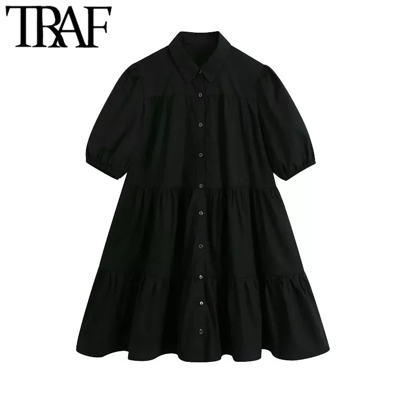 

TRAF Women Chic Fashion Button-up Ruffled Mini Dress Vintage Lapel Collar Puff Sleeve Female Dresses Vestidos Mujer
