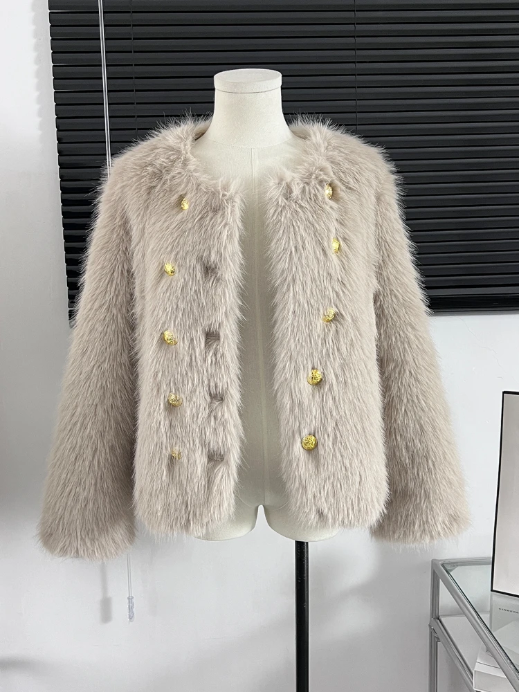 

Fitaylor New Autumn Winter Faux Fur Coat Women Fashion O-neck Double Breasted Short Jacket Lady Thick Warm Solid Color Outwear
