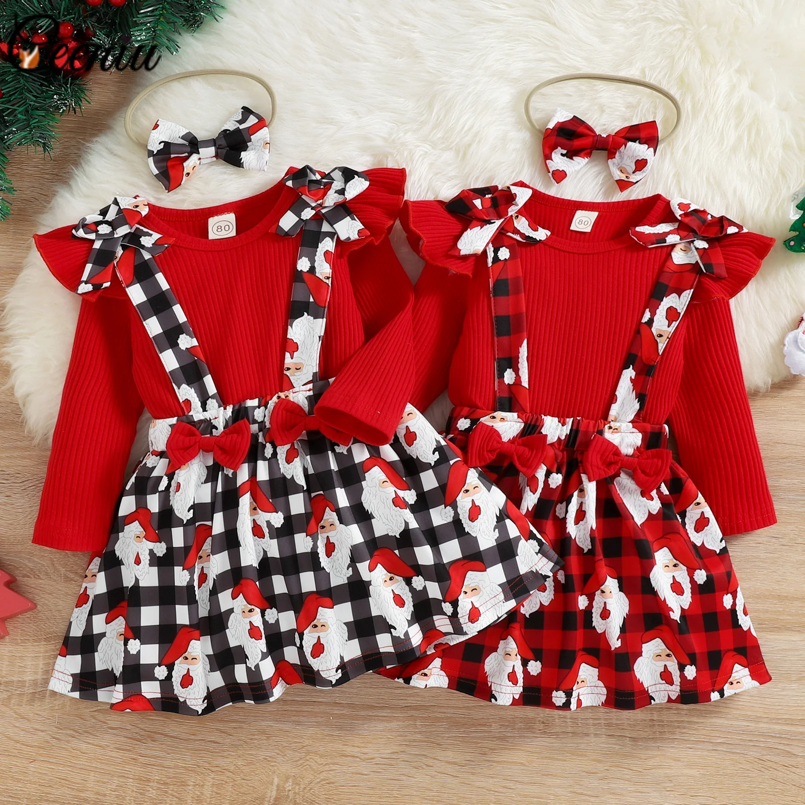 

Ceeniu От 0 до 5 лет Рождественский наряд для маленьких девочек, красный топ и подтяжки, клетчатое платье Санта-Клауса, новогодний Детский костюм