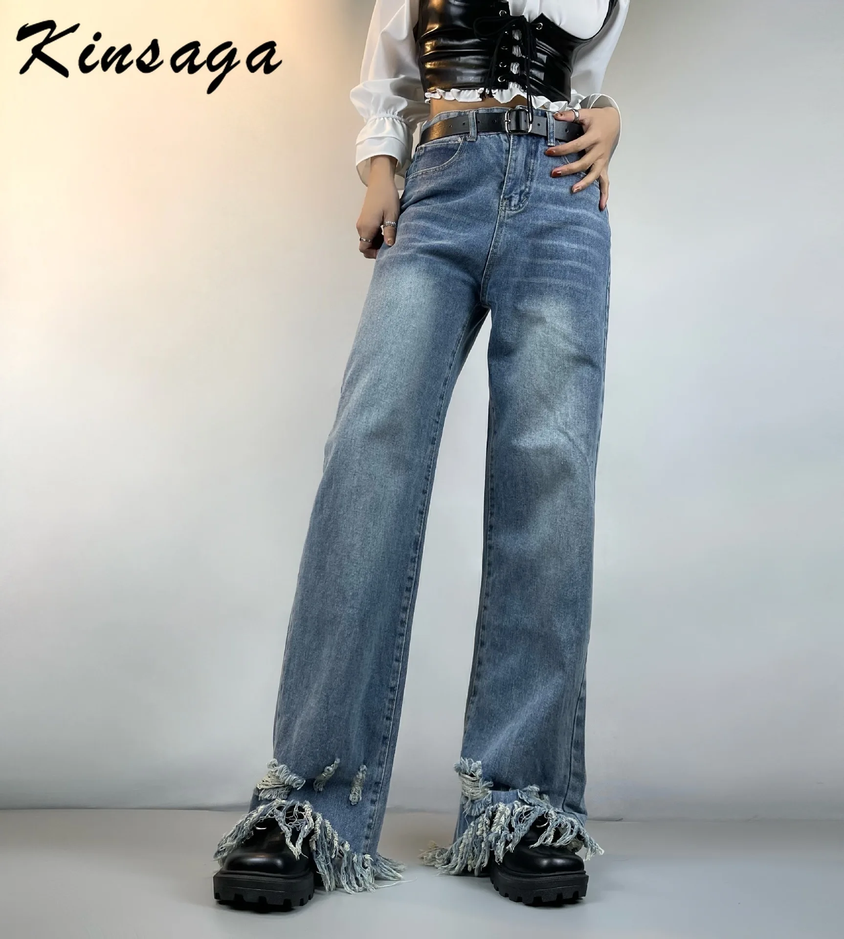 

Vintage Irregular Tassel Baggy Straight Pants Harajuku Boyfriend High Waist Ripped Wide Leg Mom Jean Street Y2k Hip Hop Trousers