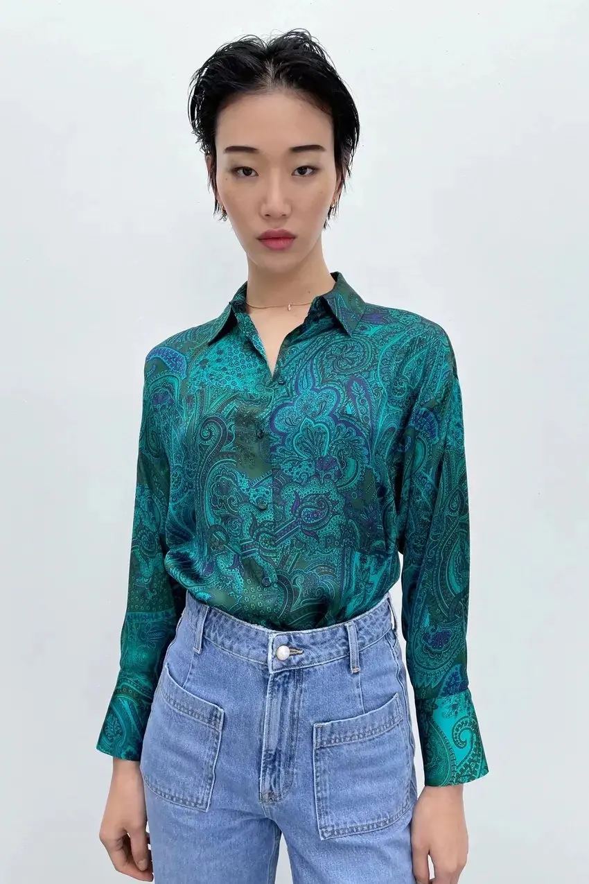 

2022 Spring and Autumn New Women's Flower Printing Vertical Lapel Single-breasted Shirt Jacket