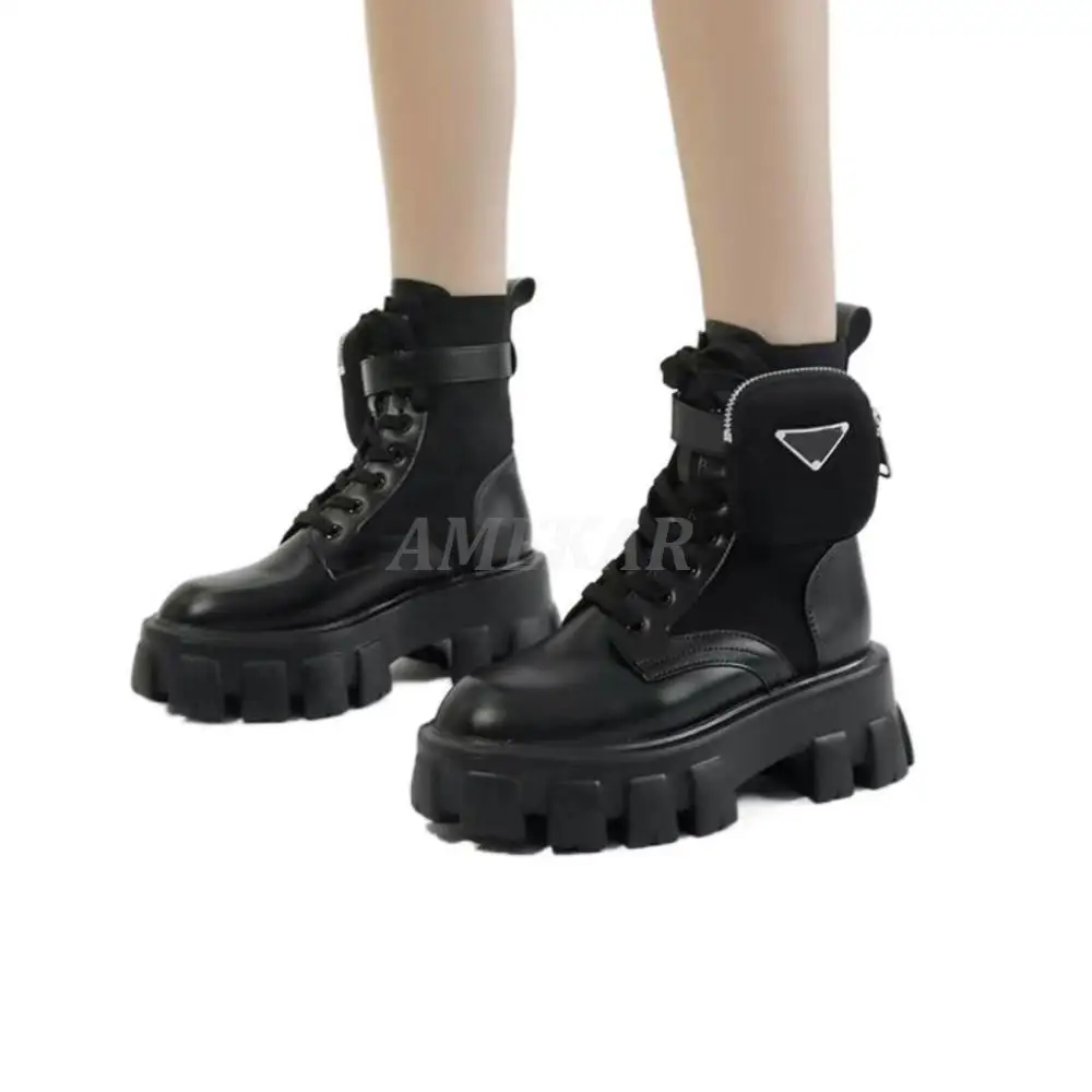 Women's Lace UP Large Size Genuine Leather Boots Side Bag Ankle Boot Ladies Spring Autumn Shoes Black Motorcycle Punk Bota Mujer