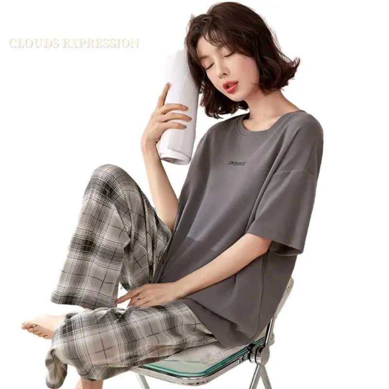 Пижамный комплект женский с коротким рукавом Трикотажная хлопковая рубашка в