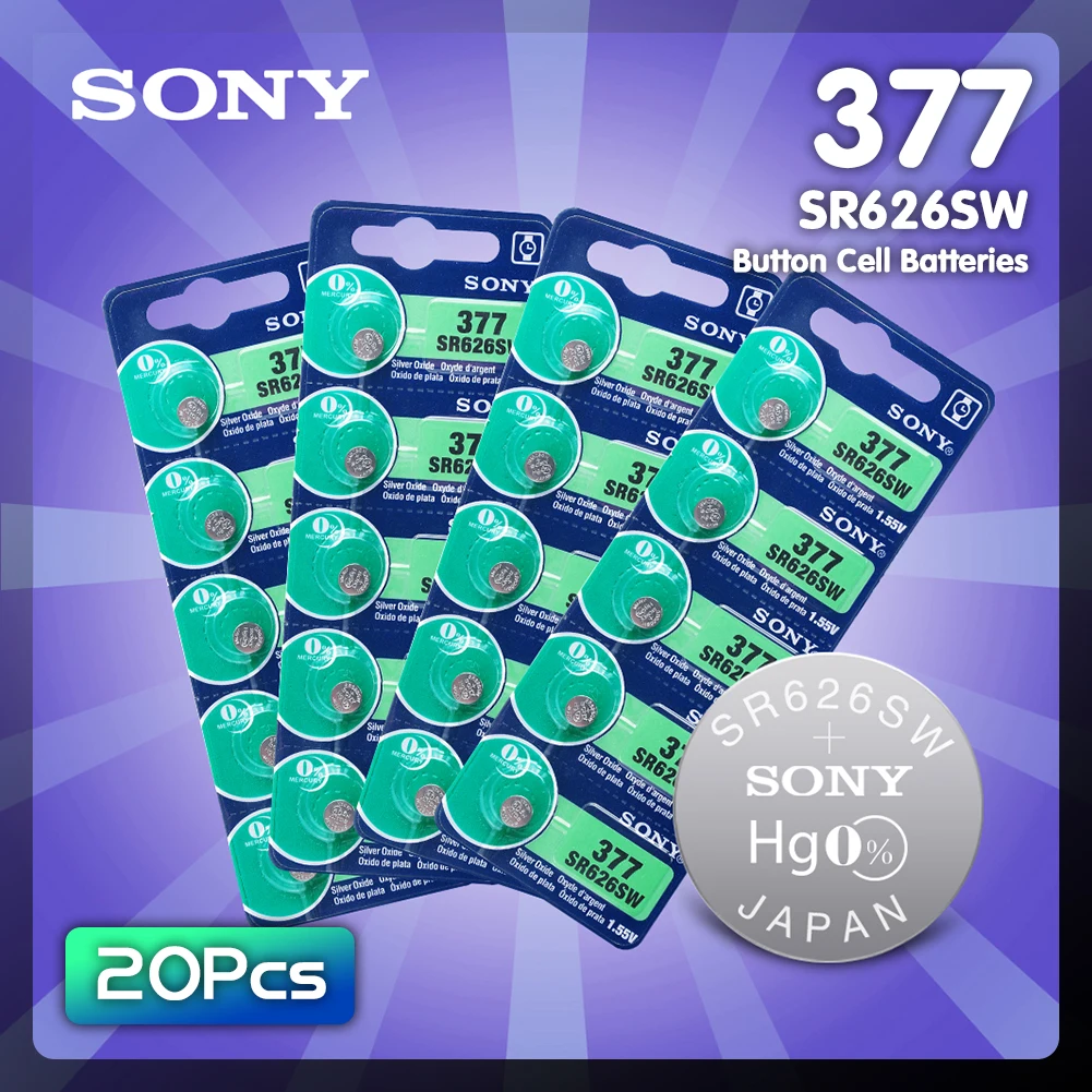 

SONY 20Pcs 1.55V AG4 377A 377 LR66 LR626 SR626SW SR66 AG4 Button Cell Coin Batteries For Watch Toys Remote Disposable Battery
