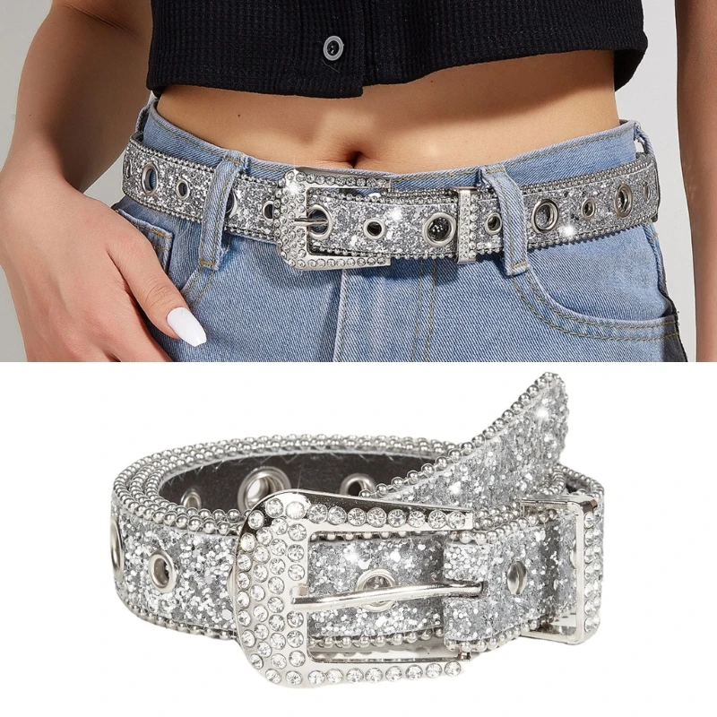 

Punk Buckle Belts Woman Locomotive Full Sequins Waist Belts Western Cowgirl Y2K Girls Belt for Jeans Men