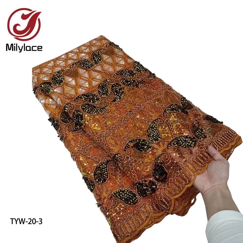 

Hot Selling African Lace Fabric 2020 High Quality Nigeria Sequins Embroidery Lace Tulle Fabric for Wedding Dress 5 Yards TYW-20