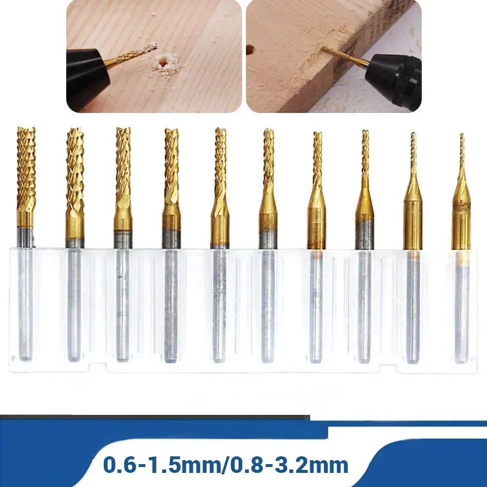 

10Pcs/Set Tungsten Steel Coated Milling Corn Milling Cutter Woodworking Gong Knife 0.6-3.175mm Engraving PCB End Mill Set