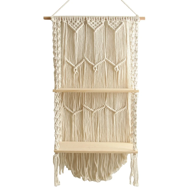 

Macrame Wall Hanging Shelf Boho Wood Floating Shelves DIY Handwoven Cotton Rope Macrame Tapestry Rack for Hanging Plants G99A