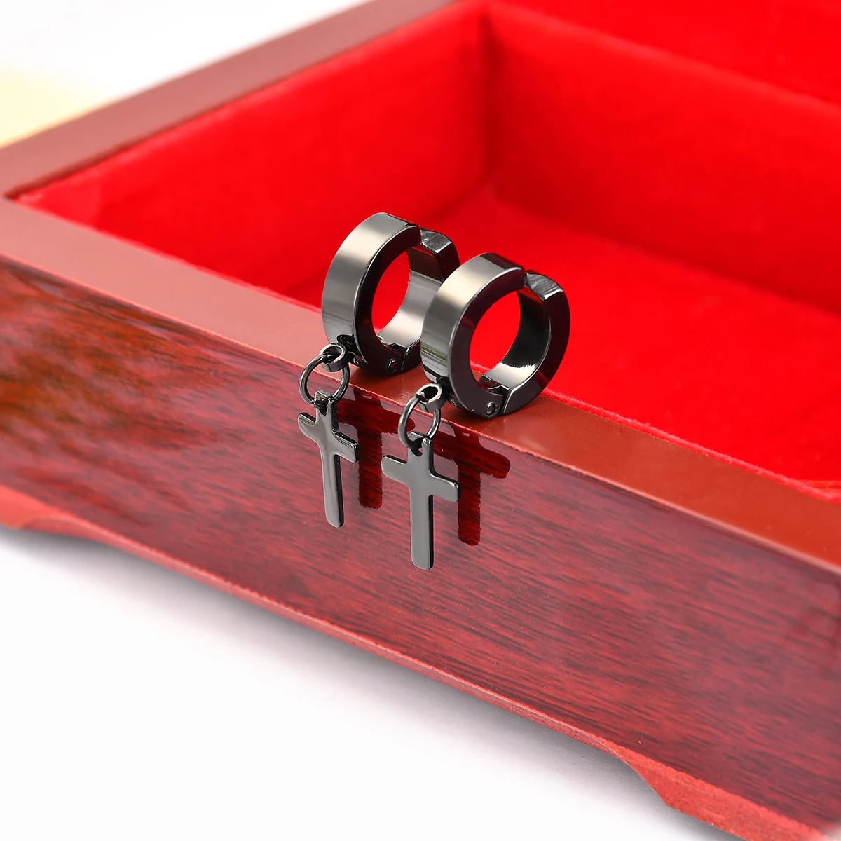 

Men Women Stainless Steel Cross Dangle Hoop Clip on Earrings Non-Piercing