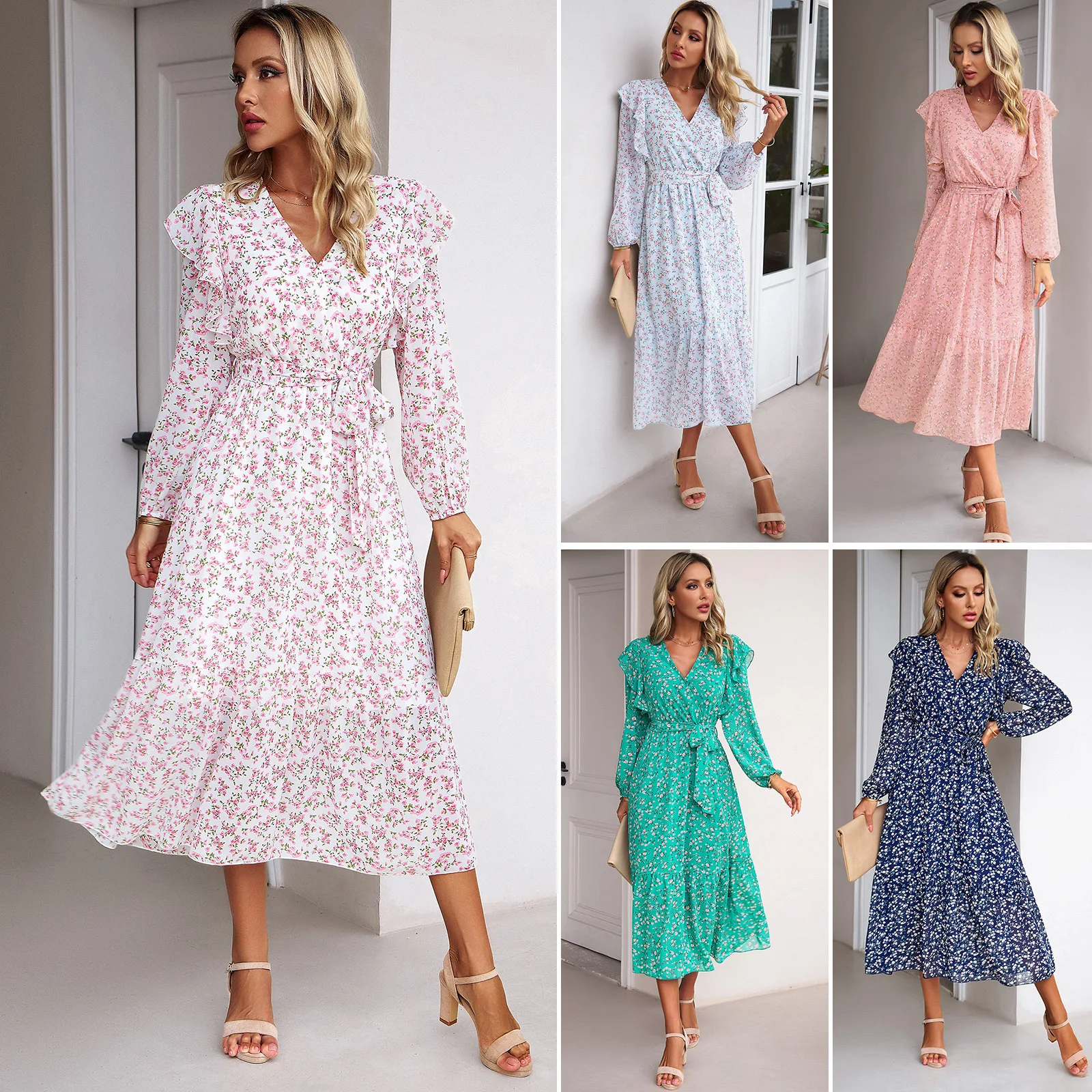 

Women's 2023 Autumn/Winter Fashionable Casual Floral V-Neck Long-Sleeved Dress