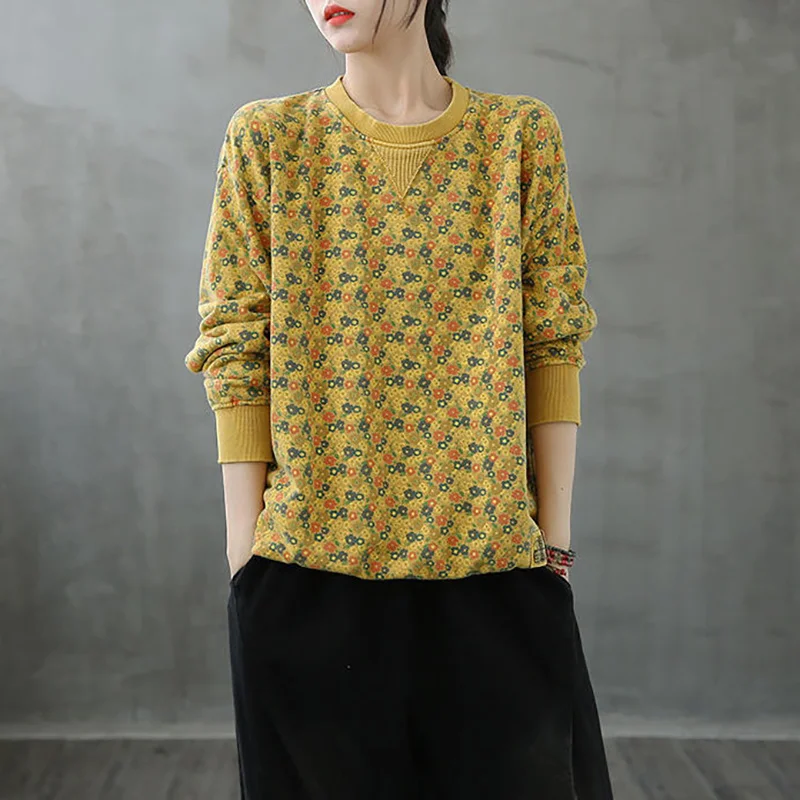 

Fall/Winter Women's Leisure Tops Floral Long Sleeve Pullover Hoodie Basic Loose Tunic Harajuku Retro Jacket Casual Wear Fashion