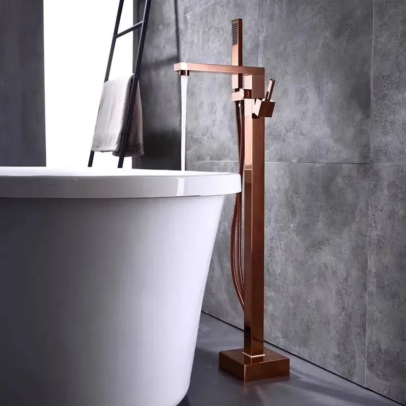 Матовый черный напольный смеситель для ванной комнаты цвета розового золота