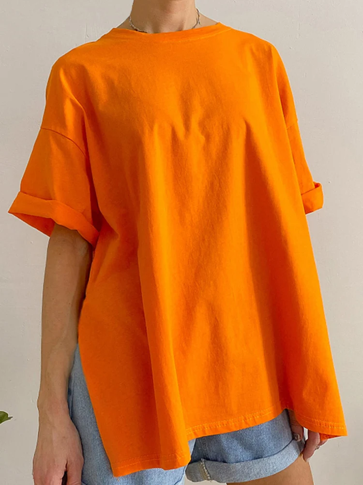 

Женская хлопковая Футболка с разрезом, свободный однотонный летний пуловер с коротким рукавом Y2k, цельный Повседневный модный базовый топ, ...