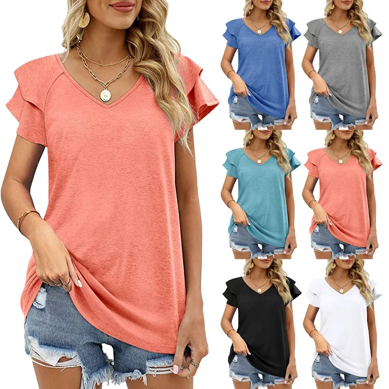 

2022 Spring and Summer Women's T-shirt Solid Color V-neck Double Petal Sleeve Fashion Casual Loose Top