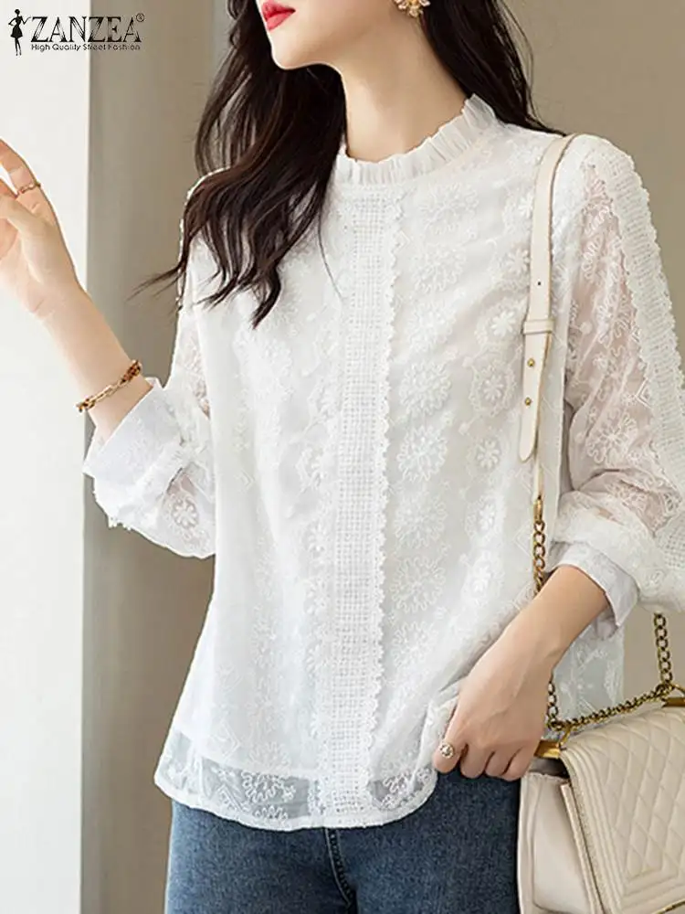 

Elagant Lace Insert Blouses Women 2023 Fashion Ruffle Collar Sheer White Shirts ZANZEA Summer Long Sleeve See-through Tunic Tops