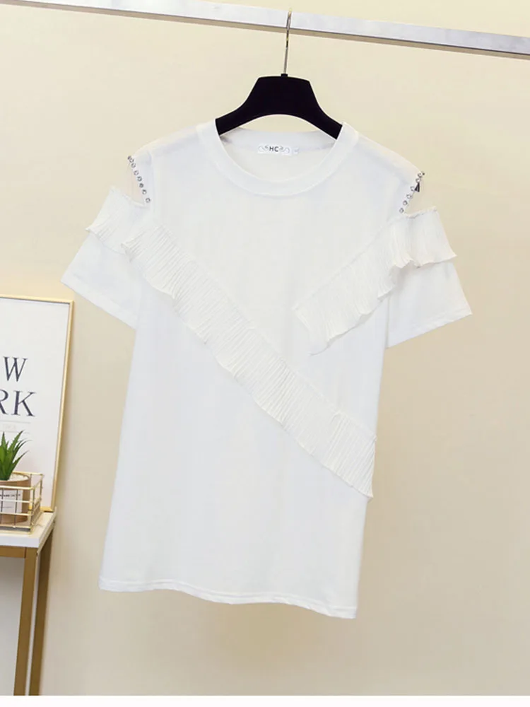 

Женские летние футболки корейское издание Модная и модная облегающая футболка с оборками по краям с коротким рукавом D4050