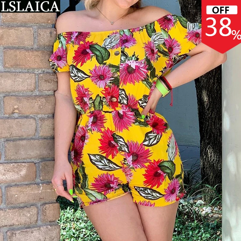 

Bodysuit Women Top Fashion 2022 Elegant Summer Short Sleeve Off Shoulder Jumpsuits High Waist Floral Printed Streetwear Rompers