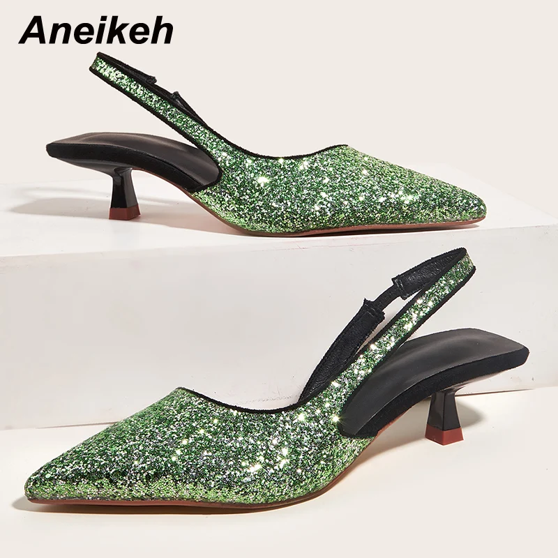 

Aneikeh Fashion Classics Bling Pointed Toe Mid Heel Women Party Shoes Sexy Slingbacks 2022 Summer New Ladies Slip-On Pumps 35-40