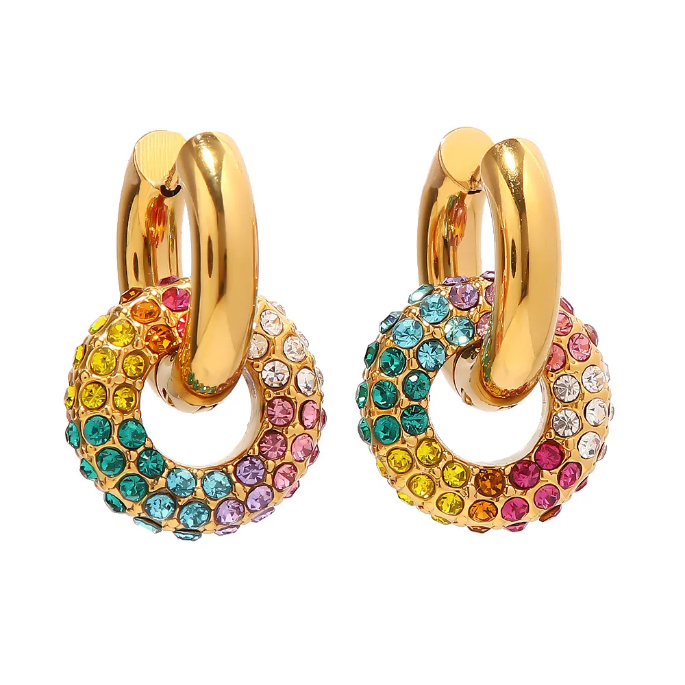 

High Quality Waterproof 18k Gold Plated Stainless Steel Jewelry Colorful Cubic Zirconia Donut Hoop Earrings For Women