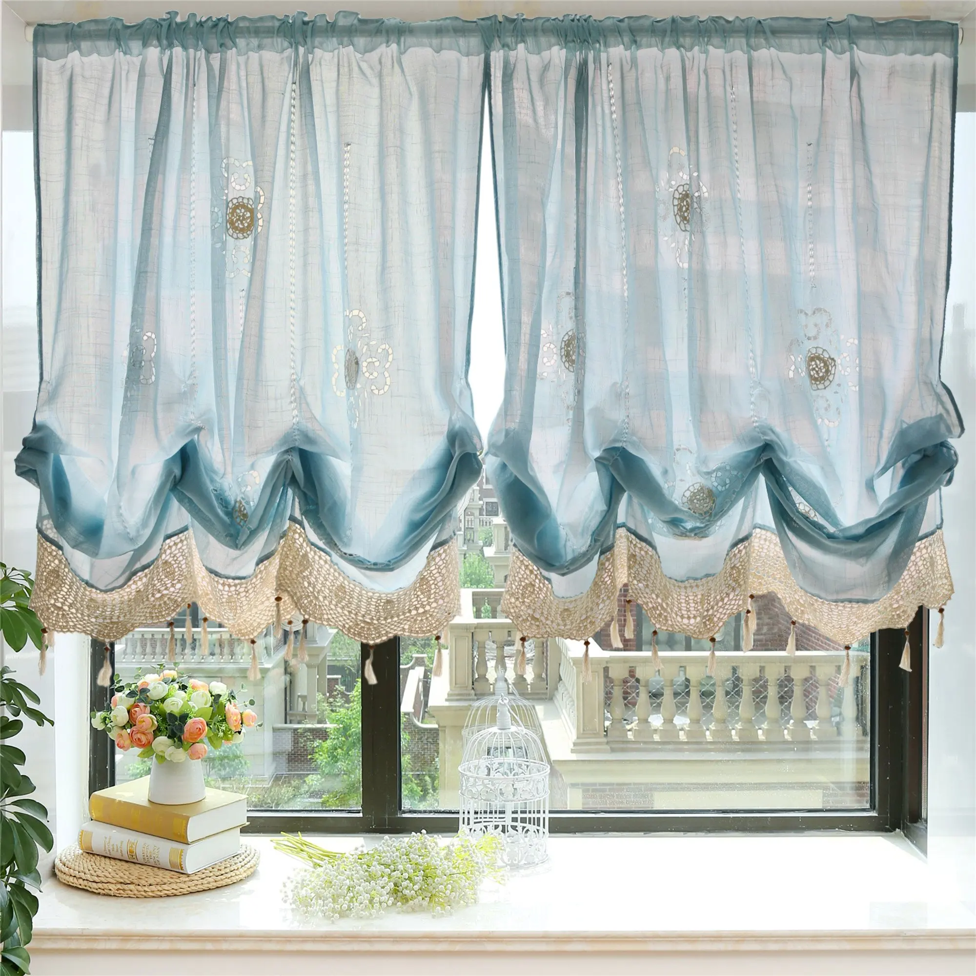 

Pastoral Adjustable Balloon Curtains for Living Room Bedroom Korean Hand Made Lace Floral Window Drapes with Tassels Wholesale