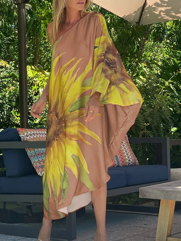 

Летнее винтажное свободное платье на одно плечо в стиле бохо, женское модное асимметричное платье в полоску с кокосовым деревом и цветочным...