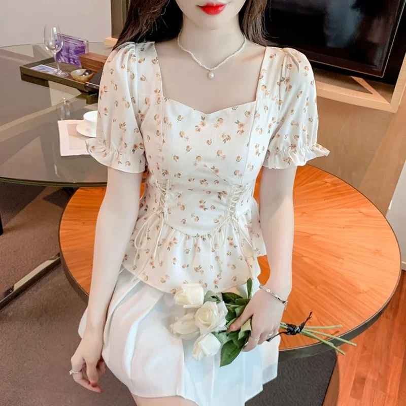 Винтажные летние блузки с принтом женские 2024 повседневные укороченные топы