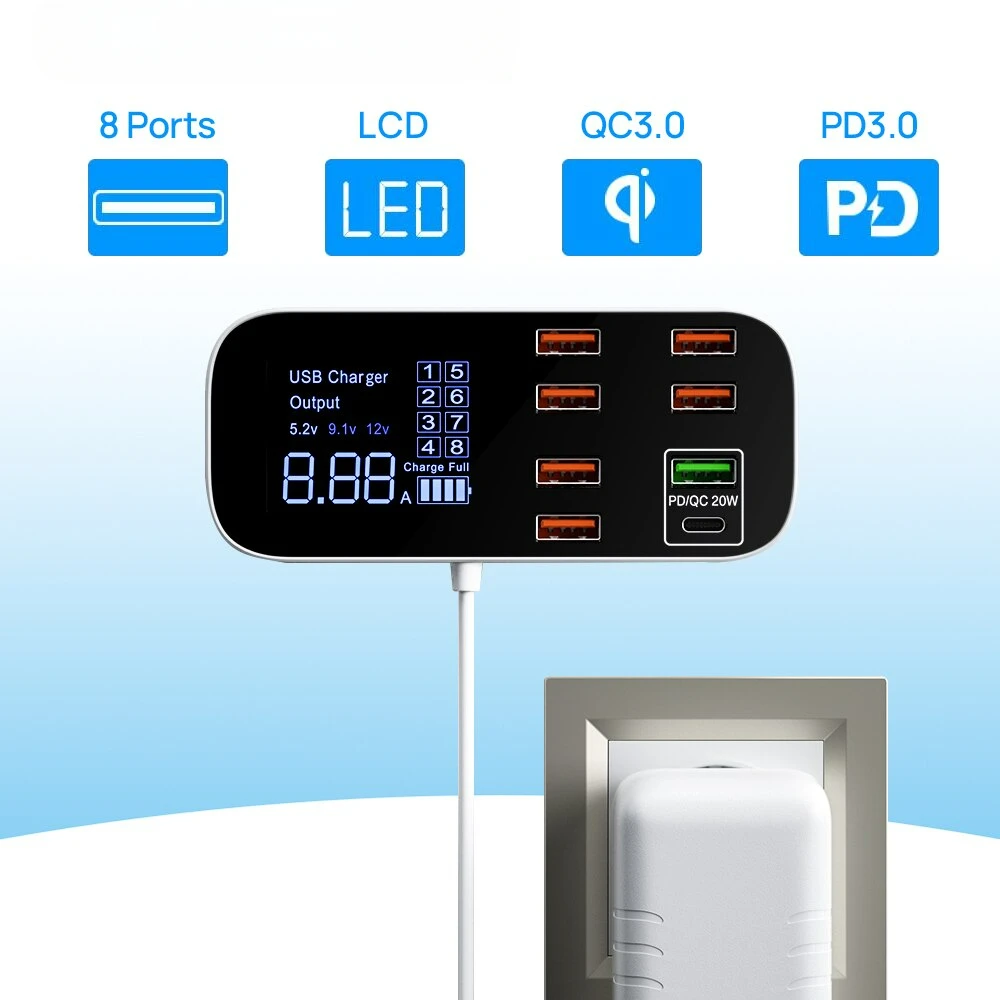 

DELI 28L 8 Port Desktop USB Charger Station With LED Display QC3.0 PD3.0 Fast USB Charging For iPhone 14 13 Pro Xiaomi