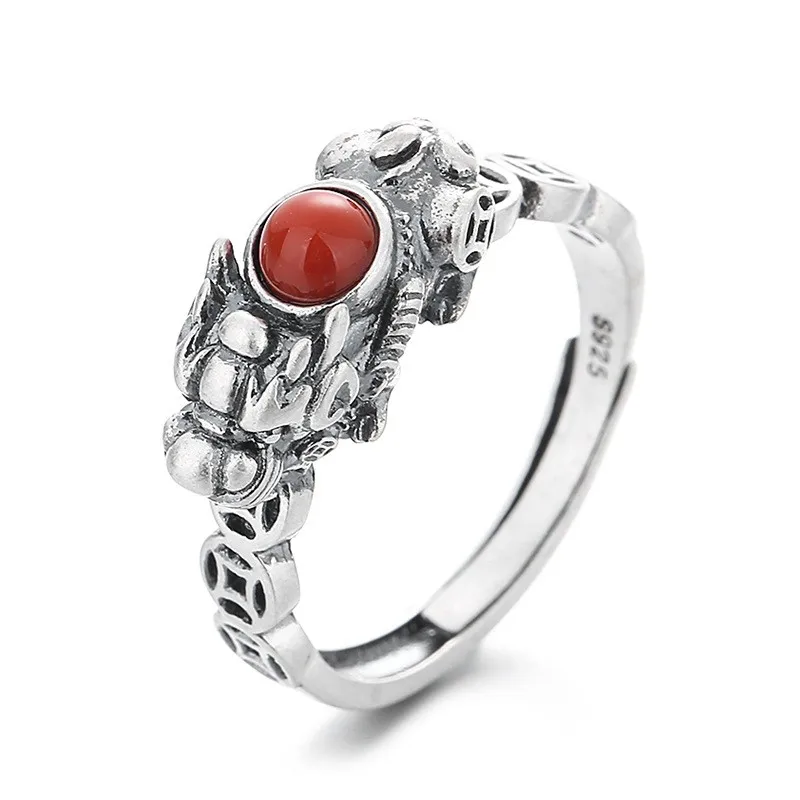 

779FJ ZFSILVER Silver S925 Fashion Luxury Trendy Adjustable Red South Agate Retro Brave Troops Coins Rings Women Wedding Jewelry