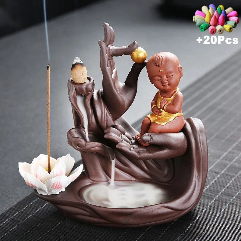 

Gift 20Cones Creative Zen Monk Buddha Hand Ceramic Incense Censer Backflow Incense Burner Lotus Incense Stick Holder