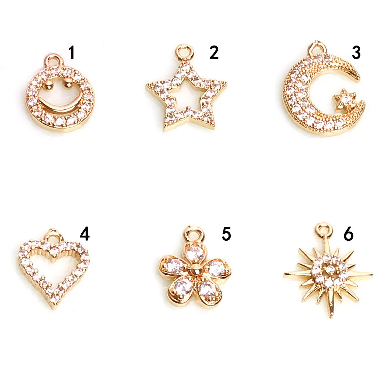 

10PCS Shining Small Zircon Pendants 14K Metal With Jump Ring Accessories Stars Moon Love Hearts Charms for DIY Jewelry Making