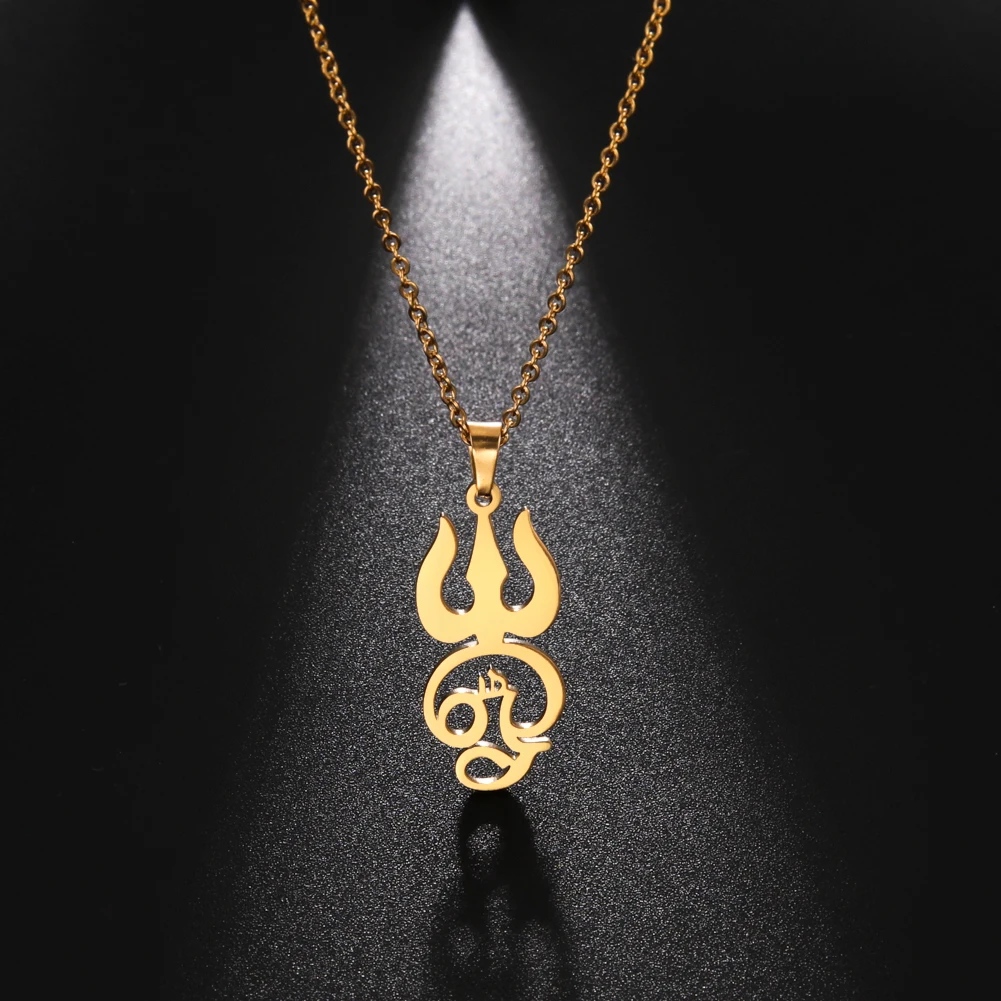 

India Tamil Om Symbol with Trident Pendant Stainless Steel Necklace Om Shiva Symbol Yoga Vintage Talisman Necklaces Jewelry Gift
