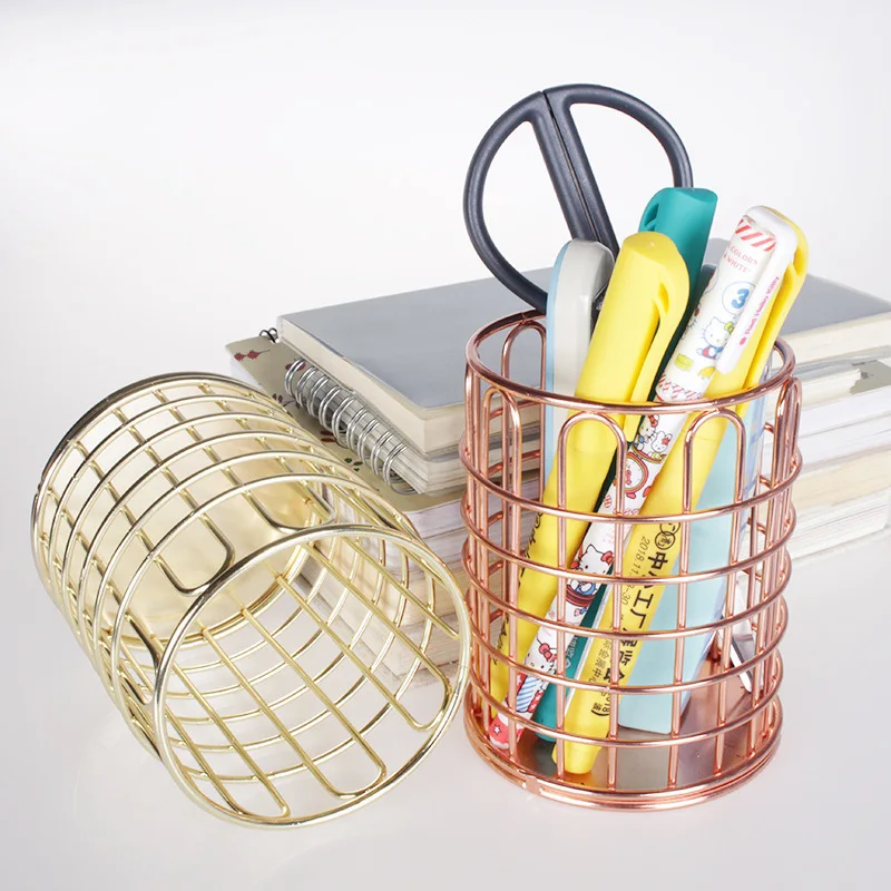 ALLTU Creative metal iron pen holder Office storage basket stationery makeup brush storage bucket lovely pen holder