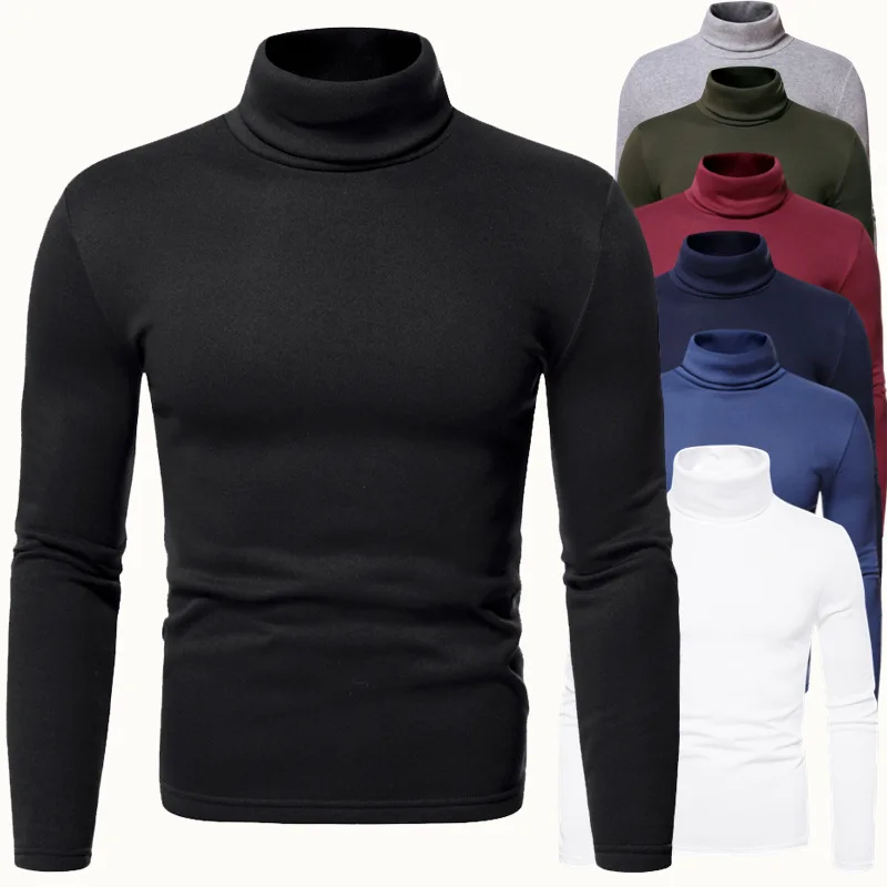 Autumn and Winter New Men's High-necked Long-sleeved T-shirt Plus Fleece Solid Color Bottoming Shirt