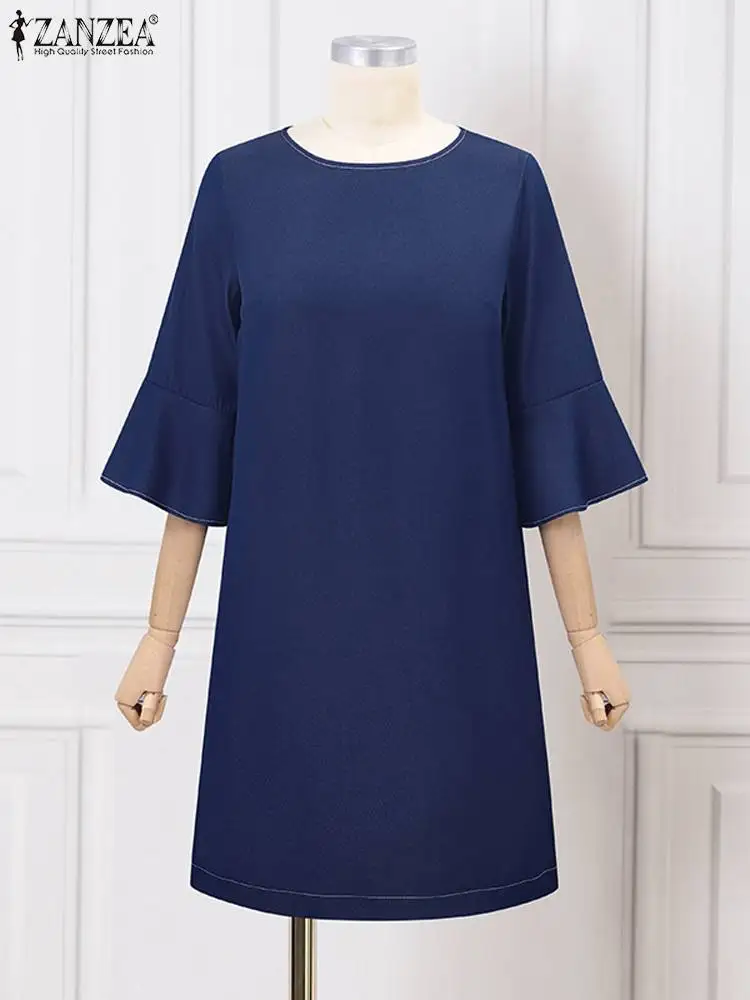 Женское однотонное джинсовое платье Zanzea с круглым вырезом и расклешенными