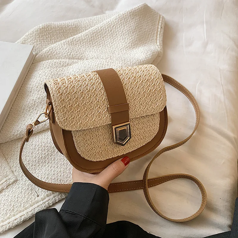 

Модная пляжная соломенная сумка через плечо, летние простые дорожные женские маленькие сумочки, Женская Лоскутная сумка-мессенджер на плечо из ПУ кожи, 2023