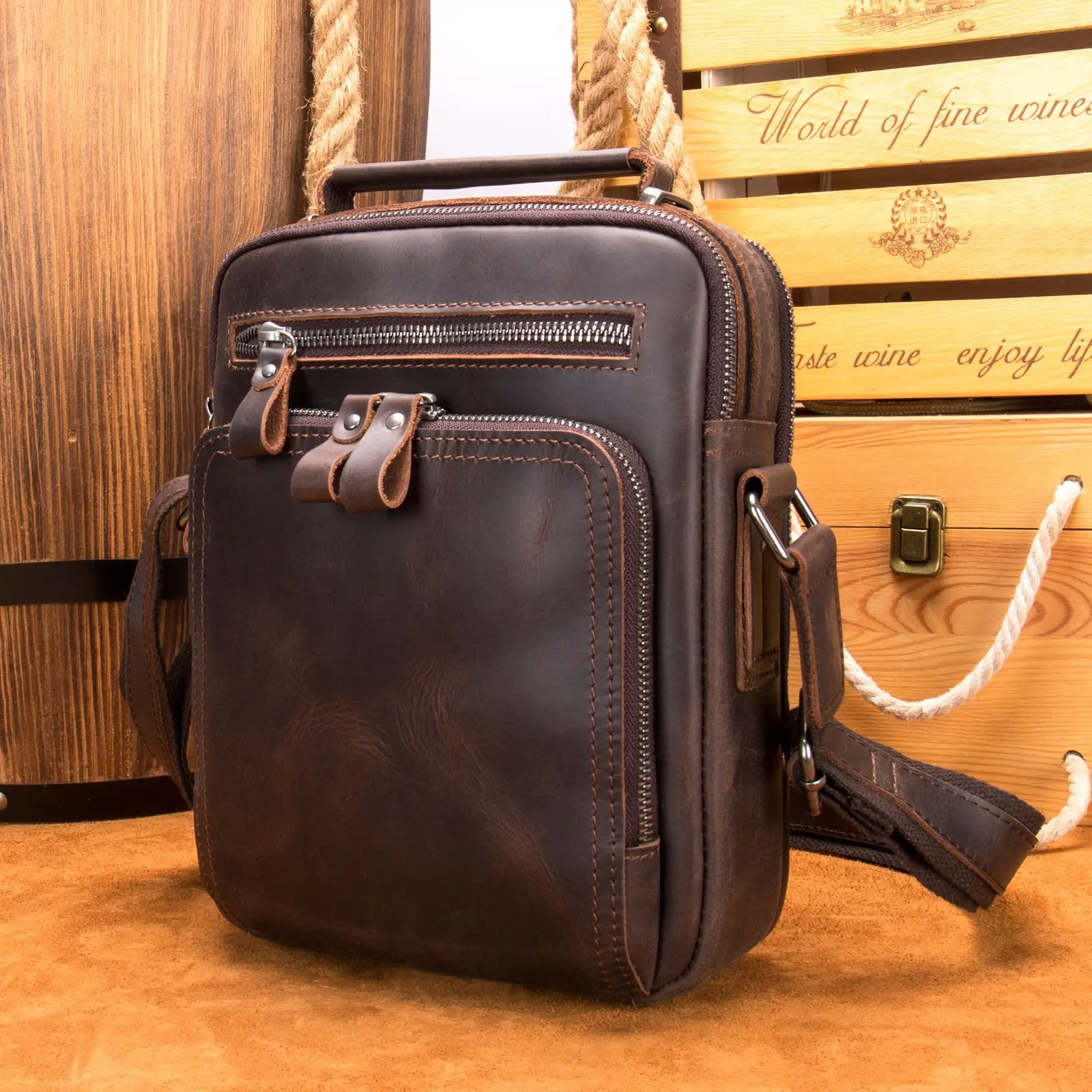 Crazy Horse Skin men's and women's bags genuine leather Crossbody bag Large capacity Vintage cowhide Single Shoulder Bag W100