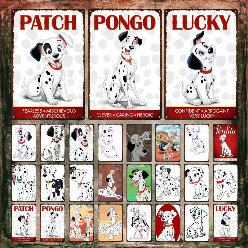 

101 Dalmatians Disney Metal Signs Clever Caring Heroic Black White Cute Dogs Metal Poster Animal Tin Signs Plate Home Wall Decor