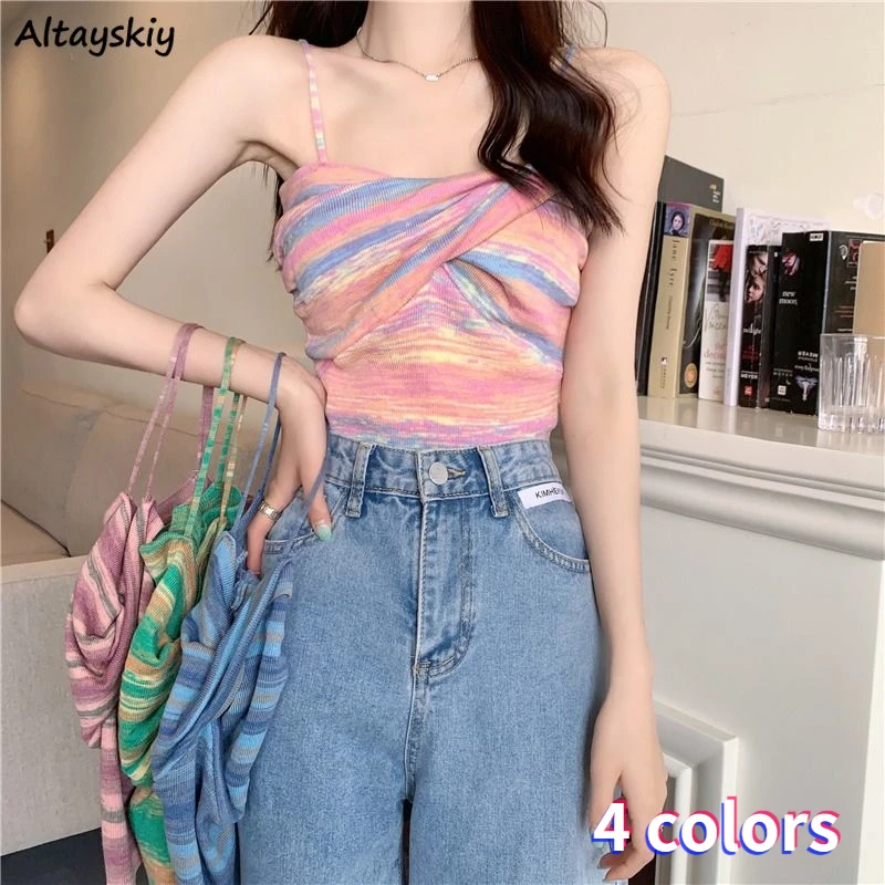 

Camis Women Criss-cross New All-match Knitted Y2k Colorful Summer Slim Crop Tops Fashion Backless Sexy Preppy Minority Girlish