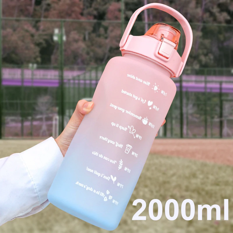 

Water Bottle 2000ml Large Capacity With Bounce Lid Time Scale Reminder Frosted Cup With Stickers For Outdoor Tour Sports Fitness