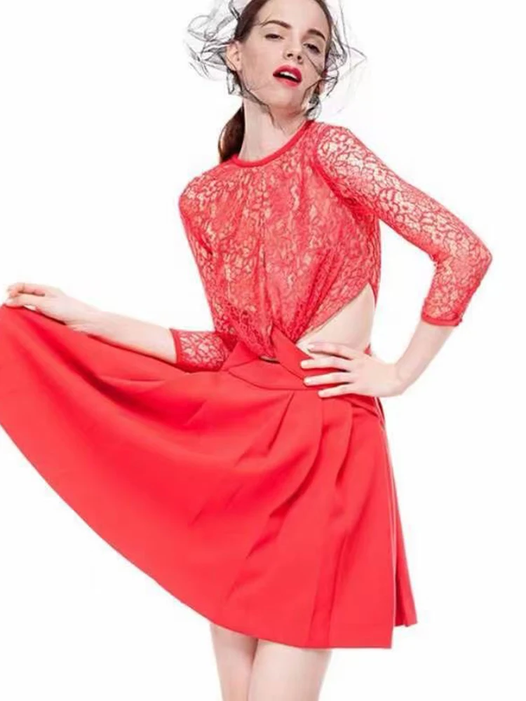 

Design Retro Solid Color Round Neck Pullover Hollow Leaky Waist Lace Dress Ladies Summer New Fashion Loose Swing Puff Skirt